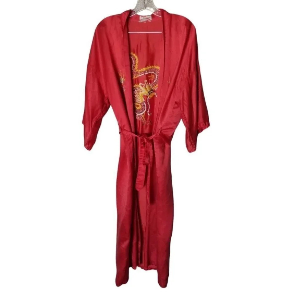 Vintage Golden Dragon Red Kimono Robe Embroidered